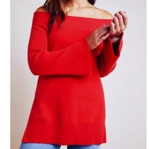 Anthropologie Elise Ribbed Red Off Shoulder Tunic Sweater Medium